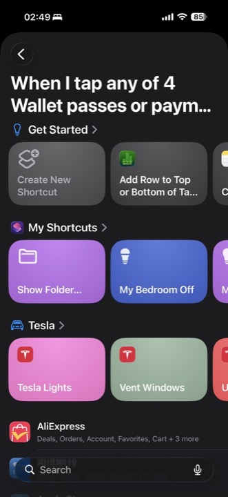 Shortcuts automation screen with Create New Shortcut tile.