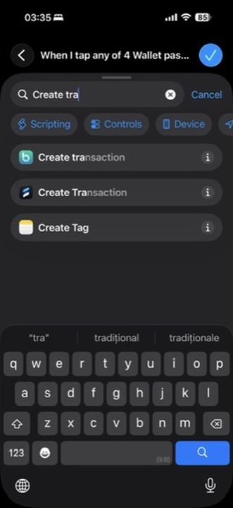 Shortcuts search results showing Create Transaction with the SmartBudget icon.