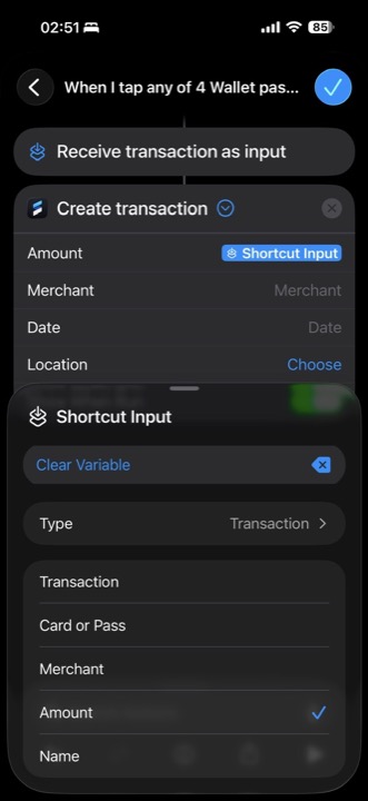 Shortcut Input panel with Amount selected.