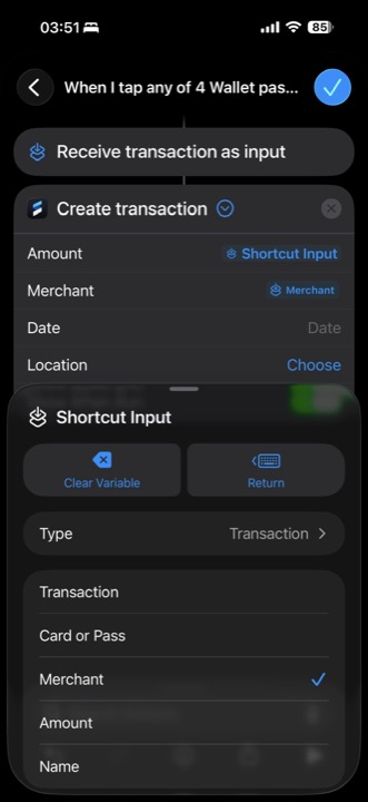 Shortcut Input panel with Merchant selected.