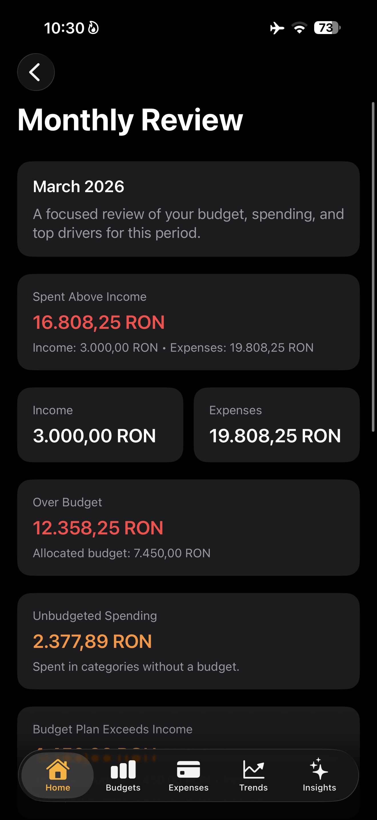 Monthly Review screen with income, expenses, over budget, unbudgeted spending, and budget plan cards.