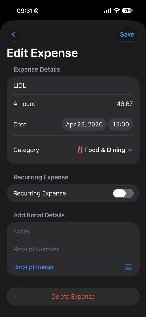 Οθόνη Edit Expense με Recurring Expense toggle.