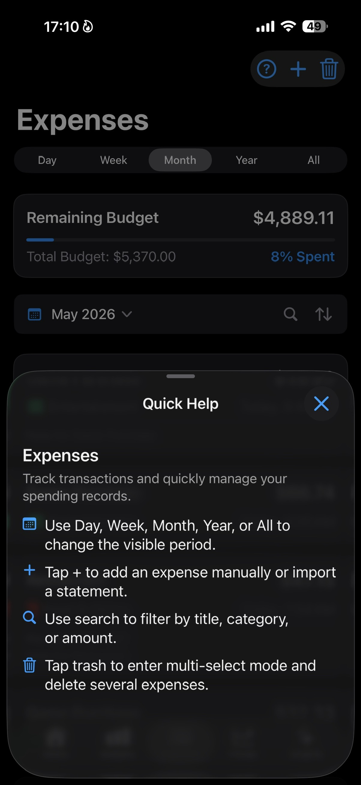 SmartBudget Quick Help screen for Expenses.